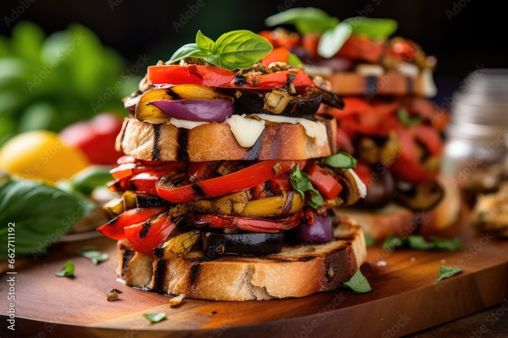 Poster close-up shot of bruschetta stacked with grilled mediterranean veggies