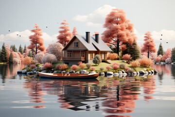 Lakeside minimal cute house with a rowboat by the dock, a fishing rod, and a serene lake view, Generative AI - Powered by Adobe