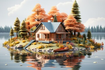 Lakeside minimal cute house with a rowboat by the dock, a fishing rod, and a serene lake view, Generative AI - Powered by Adobe