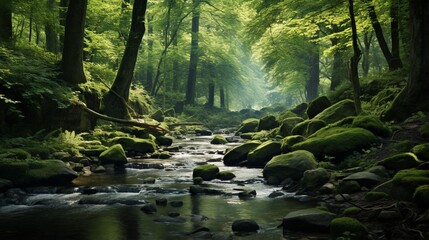 A lush, green forest with a clear, babbling stream meandering through the trees, where the sound of water and birdsong provides a serene escape from daily stressors - obrazy, fototapety, plakaty