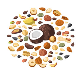 Nuts circle. Cartoon pack of dried nuts kernel, pistachio almond cashew hazelnut, organic food healthy snack. Vector isolated set
