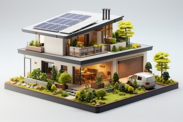  Modern eco-friendly minimal cute house with solar panels, rain barrels, and a lush green roof,...