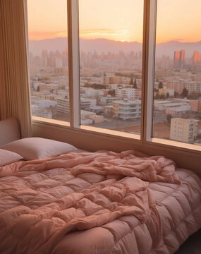 modern Ashgabat city view from bed, in the style of aesthetic, light amber, pop inspo, snapshot aesthetic, dusty piles, comic book-like, soft lighting