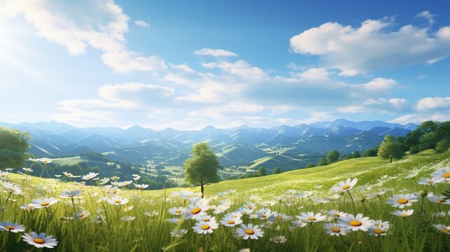 A peaceful countryside scene with rolling hills, blooming wildflowers, and a clear blue sky, where the simple beauty of nature invites you to unwind and reduce stress