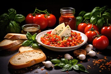 plate of bruschetta with mozzarella surrounded by ingredients