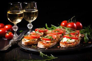 reflective glass plate with several bruschetta with mozzarella