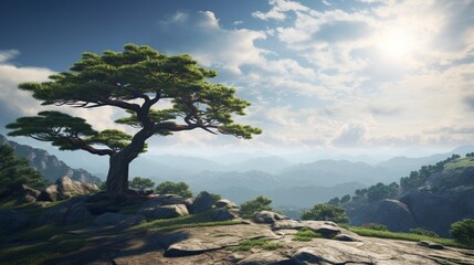 A serene mountain plateau with a single tree perched on the edge, its branches gracefully reaching towards the sky, providing natural shade and serenity for yoga and meditation - obrazy, fototapety, plakaty