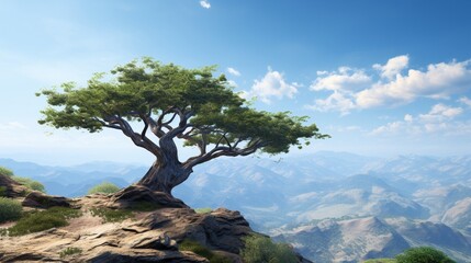 Obraz premium A serene mountain plateau with a single tree perched on the edge, its branches gracefully reaching towards the sky, providing natural shade and serenity for yoga and meditation