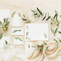 Mediterranean wedding stationery Set of greeting cards invitations mock-ups on beige