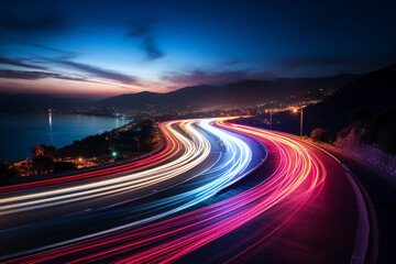 Mesmerizing beauty of light trails created through a long exposure shot on a winding road. Ai generated