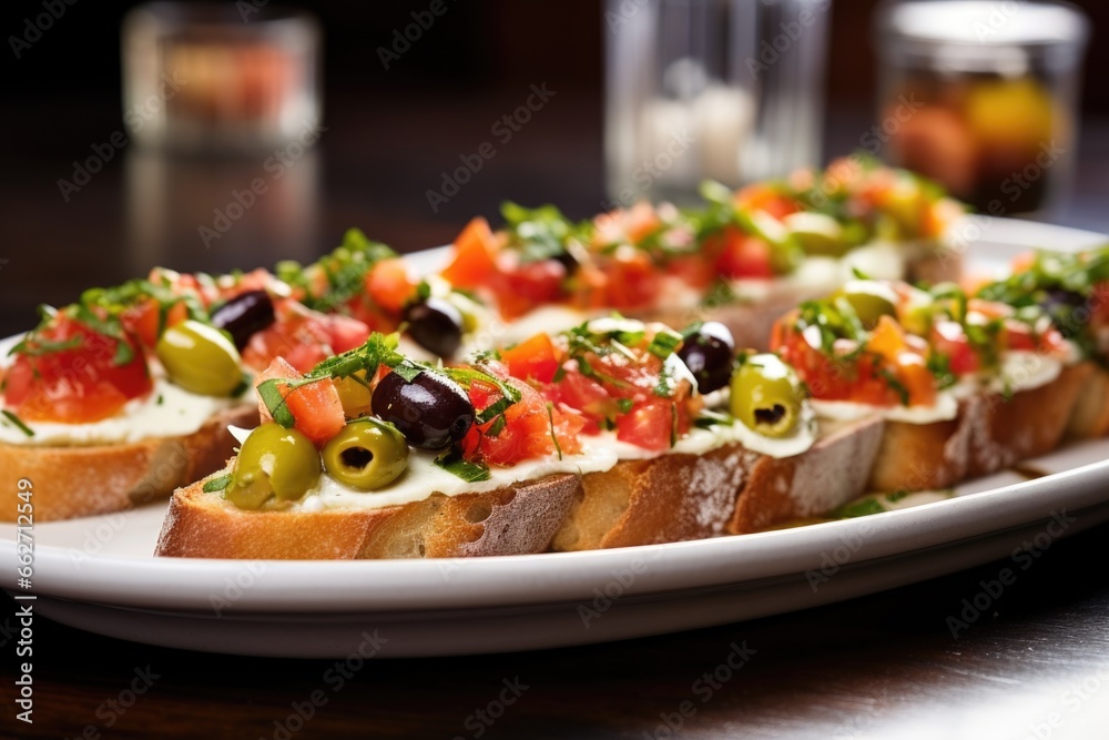 Canvas Prints a row of bruschetta with ricotta and green olives on a silver plate