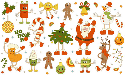 Set of Christmas and New Year characters. Vector illustration in trendy groovy retro style. Design, postcards, printing, posters, calendars, flyers.