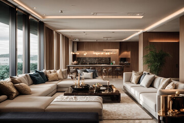 Obraz na płótnie Canvas modern interior luxury drawing room, elegant sofa set table, outer swimming pool night view