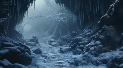 A winding mountain path covered in a thick blanket of snow, leading into a dense forest where the trees are laden with icicles, conveying a feeling of isolation and wonderment - obrazy, fototapety, plakaty