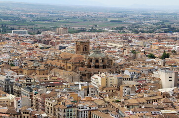 View of Granada city with the Cathedral,  from the Alhambra, Alcazaba fortress in Granada, Andalusia, Spain.