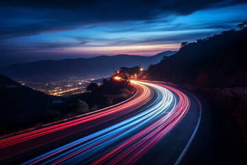 Mesmerizing beauty of light trails created through a long exposure shot on a winding road. Ai generated