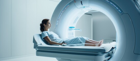 A female doctor directs patient to MRI machine With copyspace for text