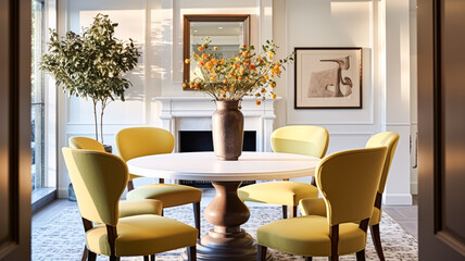 Modern cottage dining room decor, interior design and country house furniture, home decor, table and yellow chairs, English countryside style