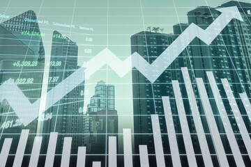 Stock financial index of successful investment on property real estate business insurance and construction industry with graph and chart on urban skyscrapers background.