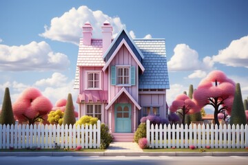 Whimsical minimal cute house with pastel colors, oversized windows, and a picket fence, Generative...