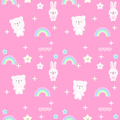 Cute Seamless pattern kawaii sweet animals cartoon character bear's elements for kid's paper textile clothes  on pink background with yellow stars  seamless pattern with animals