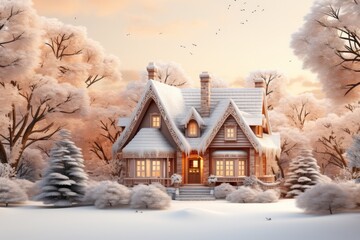 Winter wonderland minimal cute house with holiday lights, snow-covered trees, and a warm glow from the windows, Generative AI