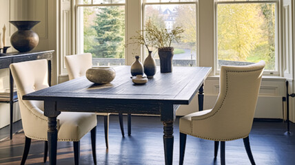 Modern cottage dining room decor, interior design and country house furniture, home decor, black table and white chairs, English countryside style