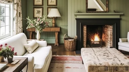 Foto op Canvas Antique cottage sitting room, green wall living room interior design and country house home decor, sofa, fireplace and lounge furniture, English countryside style © Anneleven