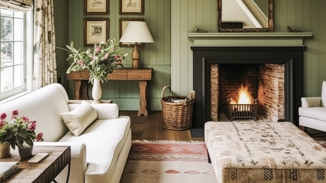 Antique cottage sitting room, green wall living room interior design and country house home decor, sofa, fireplace and lounge furniture, English countryside style