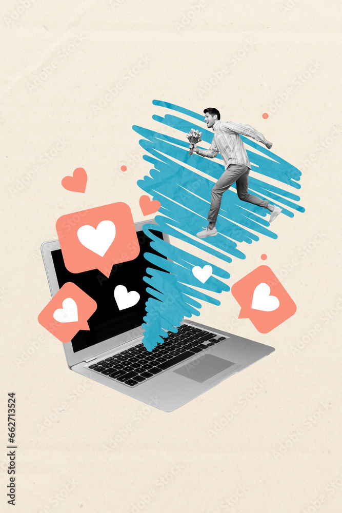 Aufkleber Vertical collage image of excited mini black white effect guy hold flowers run big netbook display like notification isolated on paper background