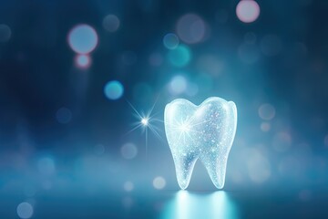 A shimmering tooth on a blue background with bright flares and bokeh. Concept of advertising dentist and healthy teeth. - obrazy, fototapety, plakaty