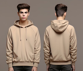 Front and back view of a beige hoodie mockup for design print