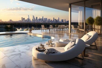 Fototapeta premium Luxury minimalist hotel penthouse suite with a private terrace, infinity pool, and panoramic city views, Generative AI