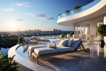 Luxury minimalist hotel penthouse suite with a private terrace, infinity pool, and panoramic city...