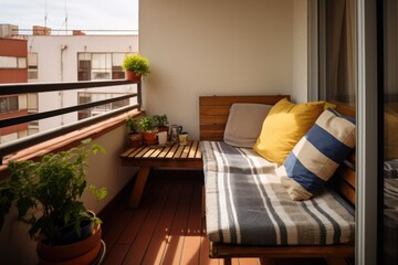 a small balcony of an affordable apartment with economical but neat furnishings
