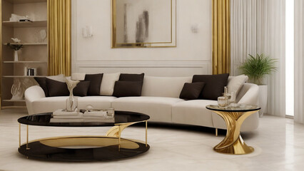 Contemporary Comfort: Minimalist Living Room with a Curved Sofa and Gilded Table