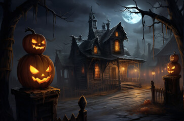 Fototapeta na wymiar Mystical gloomy night landscape with a scary house, glowing pumpkin heads, the moon and gnarled trees, flooded with moonlight, AI generated