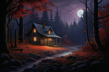 Mystical gloomy night landscape with a scary house, the moon and gnarled trees, flooded with moonlight, AI generated