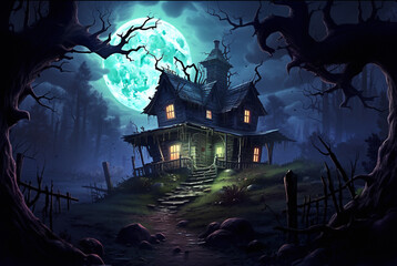 Mystical gloomy night landscape with a scary house, the moon and gnarled trees, flooded with moonlight, AI generated