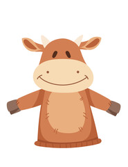 Cow animal doll puppet for children theater cute soft hand toy vector illustration isolated on white background
