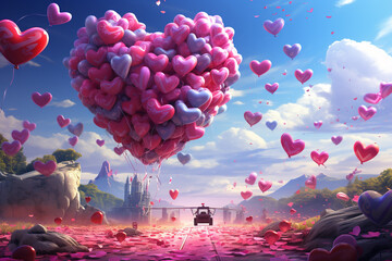 Powerful war tank surrounded by a sea of love hearts, symbolizing the 