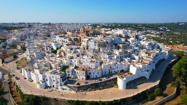 Ostuni - the white city - aerial view sideways along the old town
