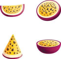 Passion fruit icons set cartoon vector. Exotic fruit. Organic food, healthy nutrition