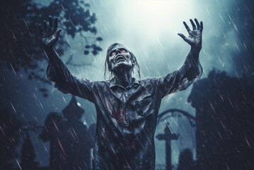 Fototapeta premium A living dead man walks through a cemetery at night in the rain, creepy Halloween illustration. AI generated