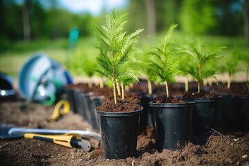 tree planting efforts with young seedlings and tools