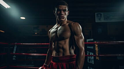Fototapeta na wymiar Model in a boxer's guard position, emphasizing upper body strength, set in a boxing ring