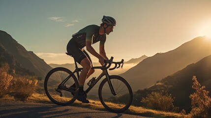 Model in a cyclist's position, emphasizing leg muscles, set against a mountainous backdrop