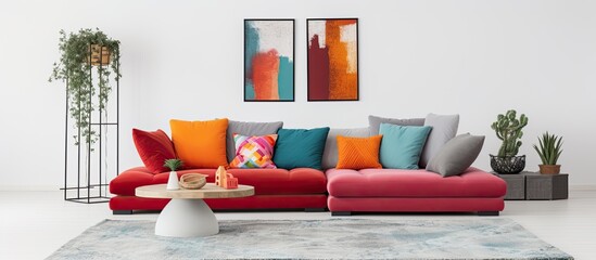 Colorful pillows decorating a red corner couch in a white living space with a gray rug captured in a genuine photograph With copyspace for text