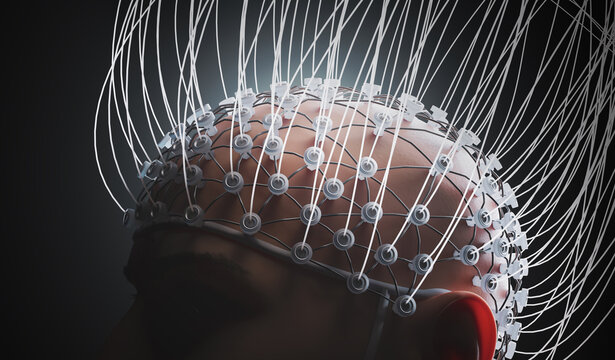 Man with electrodes measuring brain signals. Neuroscience concept. 3D rendered illustration.