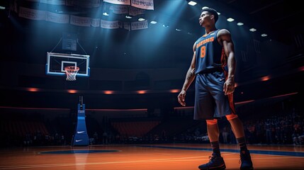 Fototapeta na wymiar Model portraying a basketball dribbling stance, emphasizing agility, set on a basketball court